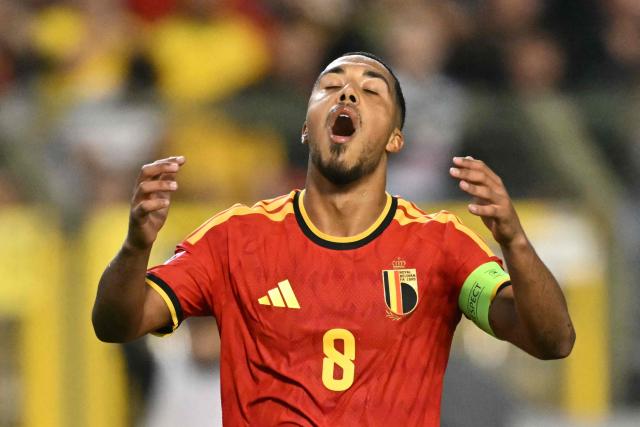 Belgium's midfielder #08 Youri Tielemans reacts during the UEFA Nations League Group A1 football match between Belgium and France at King Baudouin Stadium in Brussels on September 28, 2026. (Photo by NICOLAS TUCAT / AFP)