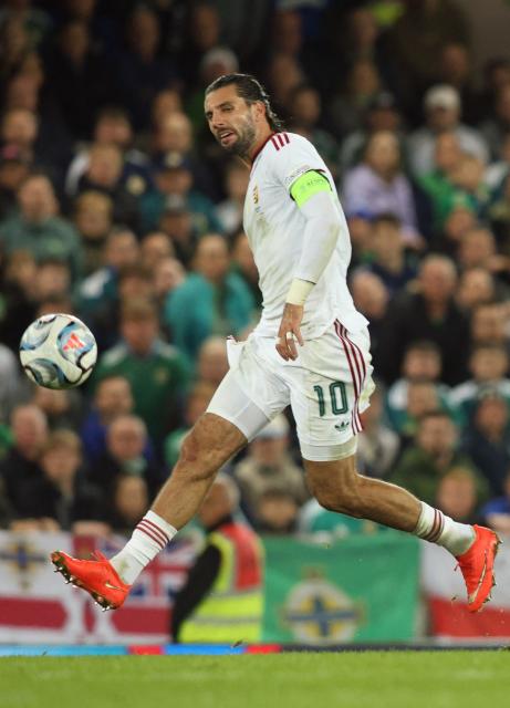 Hungary's midfielder #10 Dominik Szoboszlai passes the ball during the UEFA Nations League, League B, Group 2 match between Northern Ireland and Hungary at Windsor Park in Belfast, Northern Ireland on September 28, 2026. (Photo by Paul Faith / AFP)