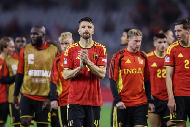 Belgium's Brandon Mechele (C) reacts at the end of  the UEFA Nations League Group A1 football match between Belgium and France at King Baudouin Stadium in Brussels on September 28, 2026. (Photo by BRUNO FAHY / BELGA / AFP) / Belgium OUT
