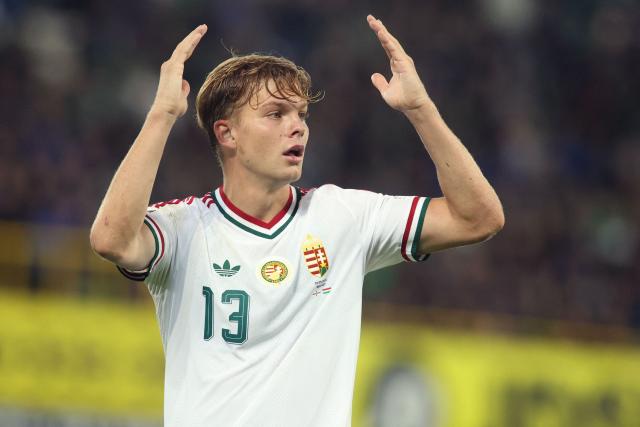 Hungary's midfielder #13 Andras Schafer reacts during the UEFA Nations League, League B, Group 2 match between Northern Ireland and Hungary at Windsor Park in Belfast, Northern Ireland on September 28, 2026. (Photo by Paul Faith / AFP)