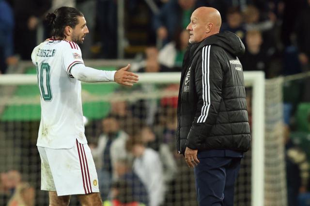 Hungary's midfielder #10 Dominik Szoboszlai (L) speaks with Hungary's coach Marco Rossi (R) after the UEFA Nations League, League B, Group 2 match between Northern Ireland and Hungary at Windsor Park in Belfast, Northern Ireland on September 28, 2026. The game finished 0-0. (Photo by Paul Faith / AFP)