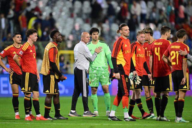 Belgium's players react at the end of  the UEFA Nations League Group A1 football match between Belgium and France at King Baudouin Stadium in Brussels on September 28, 2026. (Photo by DIRK WAEM / BELGA / AFP) / Belgium OUT