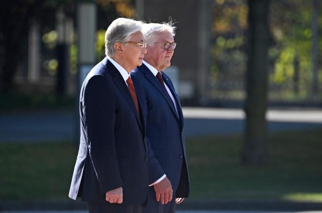 German President Frank-Walter Steinmeier (R) welcomes Kazakhstan's President Kassym-Jomart Tokayev as he arrives for a welcome ceremony at the German Defence Ministry in Berlin on September 29, 2026. (Photo by Tobias SCHWARZ / AFP)