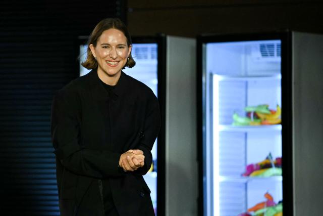 Belgian designer Marie Adam-Leenaerdt acknowledges the audience at the end of the Marie Adam-Leenaerdt Women's Spring/Summer 2027 collection fashion show as part of the Paris Fashion Week, in Paris on September 29, 2026. (Photo by LOU BENOIST / AFP)