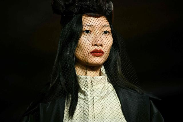 A model presents a creation during the Marie Adam-Leenaerdt Women's Spring/Summer 2027 collection fashion show as part of the Paris Fashion Week, in Paris on September 29, 2026. (Photo by LOU BENOIST / AFP)
