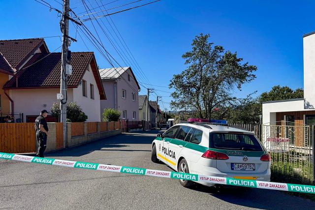 Police guards the entrance to a school in Staskov, northwestern Slovakia after a knife attack on September 29, 2026. A school attack by a student in northwestern Slovakia left one 61-year-old woman dead and another woman and a child wounded, rescue workers told AFP. (Photo by TA3 / AFP) / NO RESALE