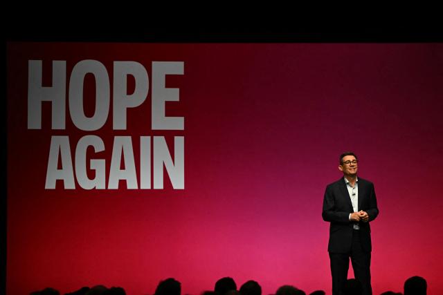 Britain's Prime Minister Andy Burnham delivers a speech on the third day of the annual Labour Party conference in Liverpool, north-west England, on September 29, 2026. (Photo by Paul ELLIS / AFP)