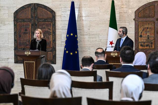 EU High Representative and Vice-President for Foreign Affairs and Security Policy Kaja Kallas (L) gives a press conference with Syrian Foreign Minister Asaad al-Shaibani in Damascus on September 29, 2026. Kallas said on September 29 in Damascus that the European Union wanted to "upgrade" its partnership with Syria and help boost its recovery but called for further domestic reform. (Photo by LOUAI BESHARA / AFP)