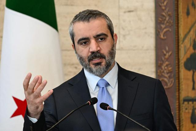Syrian Foreign Minister Asaad al-Shaibani speaks during a news conference with the EU High Representative and Vice-President for Foreign Affairs and Security Policy in Damascus on September 29, 2026. EU foreign affairs chief Kaja Kallas said on September 29 in Damascus that the European Union wanted to "upgrade" its partnership with Syria and help boost its recovery but called for further domestic reform. (Photo by LOUAI BESHARA / AFP)