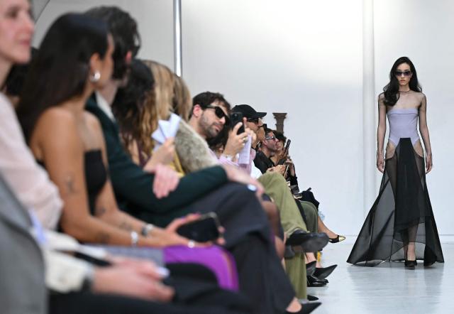 A model presents a creation during the Burc Akyol Women's Spring/Summer 2027 collection fashion show as part of the Paris Fashion Week, in Paris on September 29, 2026. (Photo by LOU BENOIST / AFP)