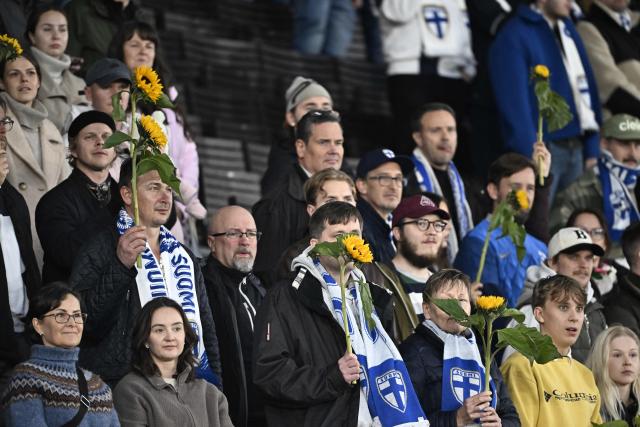 Spectators hold sunflowers during the UEFA Nations League - League C, Group 1 - day 2 football match between Finland and Belarus at the Helsinki Olympic Stadium in Helsinki on September 29, 2026. (Photo by Roni Rekomaa / Lehtikuva / AFP) / Finland OUT