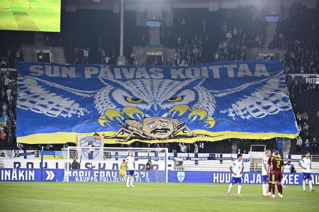 A tifo displayed by Finnish supporters depicting Belarus' President Alexander Lukashenko is seen during the UEFA Nations League - League C, Group 1 - day 2 football match between Finland and Belarus at the Helsinki Olympic Stadium in Helsinki on September 29, 2026. (Photo by Roni Rekomaa / Lehtikuva / AFP) / Finland OUT