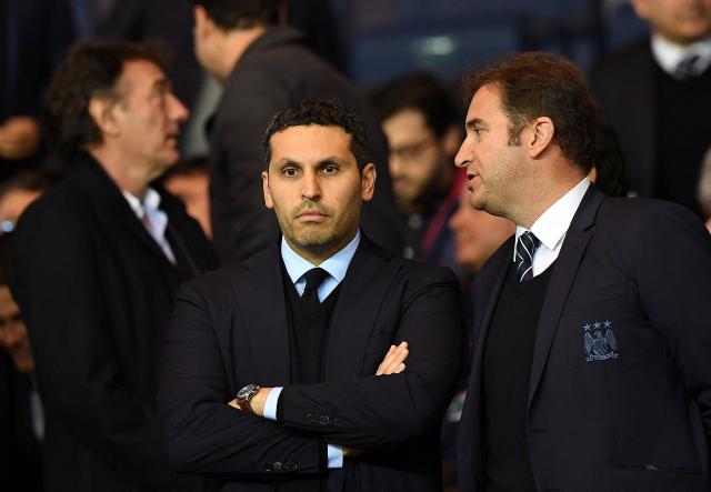 (FILES) Manchester City Chairman Khaldoon Al Mubarak (L) and Chief Executive Ferran Soriano attend the UEFA Champions League quarter final football match between Paris Saint Germain (PSG) and Manchester City on April 6, 2016 at the Parc des Princes stadium in Paris. The Premier League confirmed on Tuesday, September 29, that Manchester City have been found guilty of serious breaches of the Premier League's financial rules over a nine-season period between 2009 and 2018. An independent commission also found City guilty on the majority of charges in relation to its failure to co-operate with the league's investigation. (Photo by FRANCK FIFE / AFP)