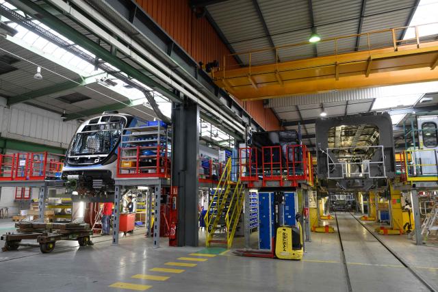 This photograph shows a general view of the Spanish railway manufacturer CAF (Construcciones y Auxiliar de Ferrocarriles) factory during a press visit, in Reichshoffen, eastern France, on September 29, 2026. (Photo by SEBASTIEN BOZON / AFP)