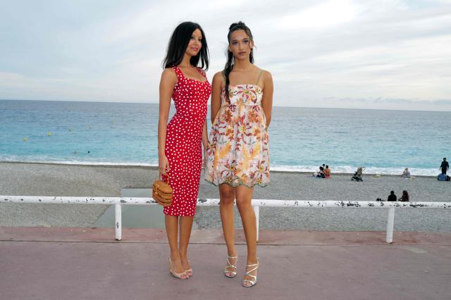 Algerian-French model and actress Zahia Dehar (L) and French singer and actress Tess Perez (Silla) pose during a photocall for "Un jeu dangereux" (A dangerous game) movie at the Cineroman film festival in Nice, southeastern France on September 29, 2026. (Photo by Valery HACHE / AFP)