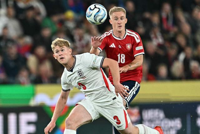 England's defender #03 Lewis Hall (L) and Czech Republic's midfielder #18 Matej Radosta vie for the ball during the UEFA Nations League Group A3 football match between the Czech Republic and England at Fortuna Arena in Prague on September 29, 2026. (Photo by Joe Klamar / AFP)