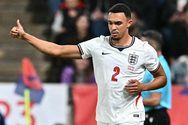 England's defender #02 Trent Alexander-Arnold reacts during the UEFA Nations League Group A3 football match between the Czech Republic and England at Fortuna Arena in Prague on September 29, 2026. (Photo by Joe Klamar / AFP)