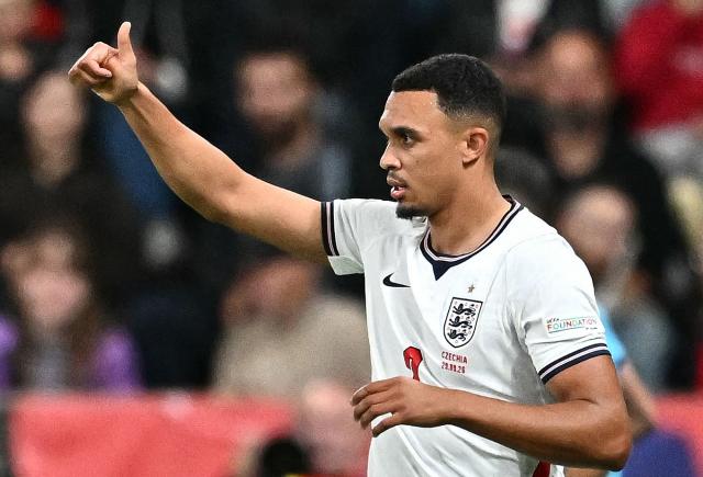 England's defender #02 Trent Alexander-Arnold reacts during the UEFA Nations League Group A3 football match between the Czech Republic and England at Fortuna Arena in Prague on September 29, 2026. (Photo by Joe Klamar / AFP)