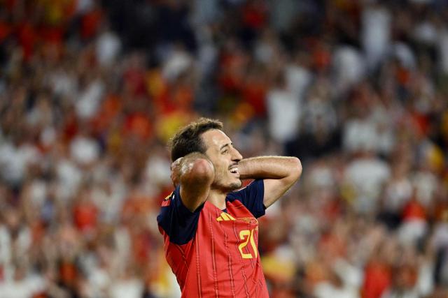 Spain's forward #21 Mikel Oiarzabal reacts after his goal was disallowed during the UEFA Nations League league phase group A3 football match between Spain and Croatia at Ramon Sanchez Pizjuan Stadium in Seville on September 29, 2026. (Photo by Javier SORIANO / AFP)