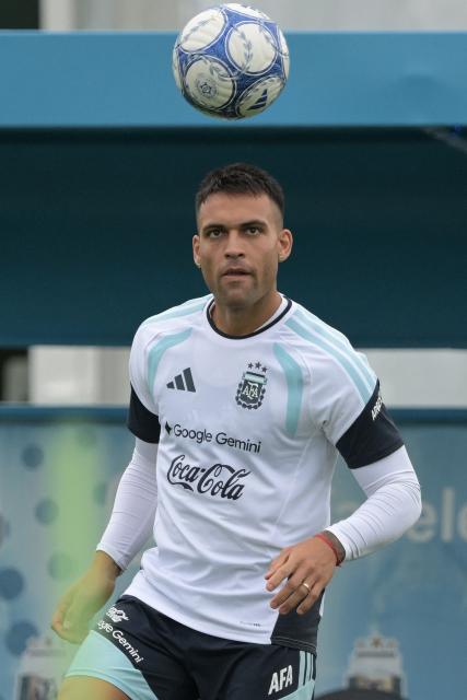 Argentina's forward Lautaro Martinez looks at the ball during a training session at the Argentine Football Association (AFA) training centre in Ezeiza, Buenos Aires Province, on September 29, 2026 ahead of the team's upcoming friendly matches against Bolivia, Burkina Faso and Benin. (Photo by JUAN MABROMATA / AFP)