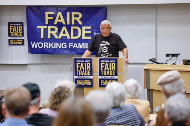 Former union member Anthony Rainey speaks during a gathering a day before the G20 Trade Ministerial ahead of the “Fair Trade for Working Families” demonstration in Milwaukee, Wisconsin on September 29, 2026. Milwaukee is hosting the G20 Trade Ministerial Meeting from September 30 to October 1, 2026, bringing international trade leaders and protests to the city. (Photo by KAMIL KRZACZYNSKI / AFP)