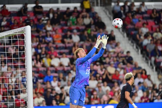 US goalkeeper #25 Chris Brady grabs a shot on goal during the international friendly football match between USA and Chile at Energizer Park in St. Louis, Missouri, on September 29, 2026. (Photo by TIM VIZER / AFP)