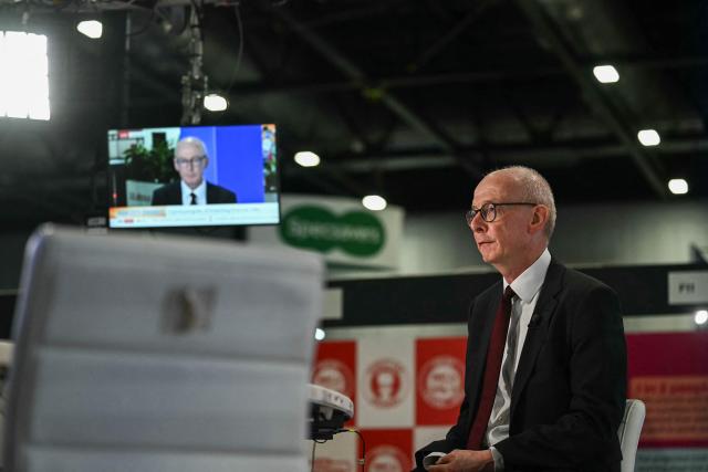 Britain's Pensions Secretary Pat McFadden gives a TV interview ahead of the start of the final day of the annual Labour Party conference in Liverpool, north-west England, on September 30, 2026. (Photo by Paul ELLIS / AFP)