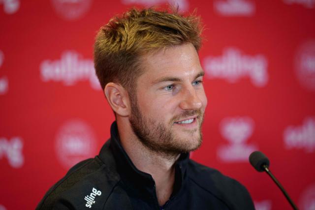 Denmark's defender Joachim Andersen addresses a press conference in Helsingor on September 29, 2026, on the eve of their Nations League Group A4 match against Portugal. (Photo by Liselotte Sabroe / Ritzau Scanpix / AFP) / Denmark OUT