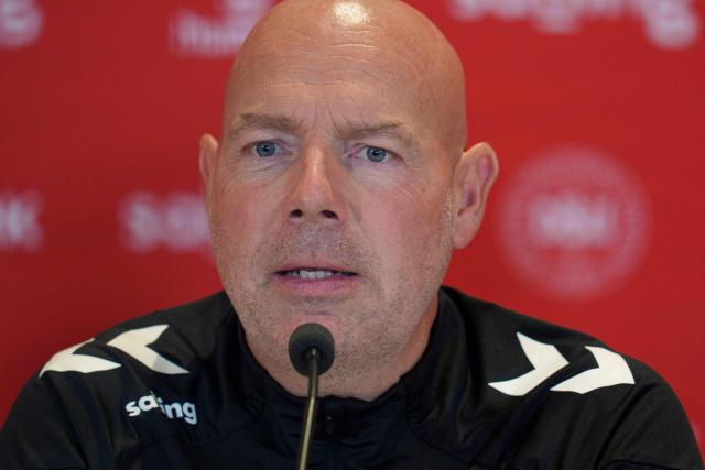 Denmark's head coach Brian Riemer addresses a press conference in Helsingor on September 29, 2026, on the eve of their Nations League Group A4 match against Portugal. (Photo by Liselotte Sabroe / Ritzau Scanpix / AFP) / Denmark OUT