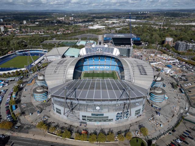 An aerial view shows The Etihad Stadium, the home ground of Manchester City football club, in Manchester, north-west England on September 30, 2026. The Premier League said on September 29 that Manchester City have been found guilty of serious breaches of the Premier League's financial rules over a nine-season period between 2009 and 2018. (Photo by Oli SCARFF / AFP)