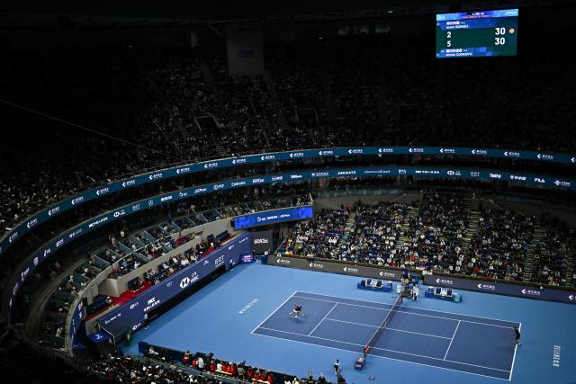 Serbia's Novak Djokovic hits a return to Portugal's Nuno Borges during their men's singles first round match at the China Open tennis tournament in Beijing on September 30, 2026. (Photo by Pedro PARDO / AFP)