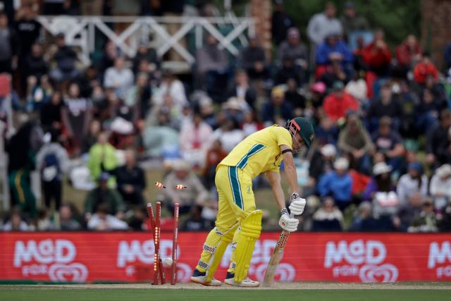 Australia'sCooper Connolly is bowled out by South Africa's Geral Coetzee (unseen) during the third one-day international (ODI) cricket match between South Africa and Australia at Senwes Park in Potchefstroom on September 30, 2026. (Photo by PHILL MAGAKOE / AFP)