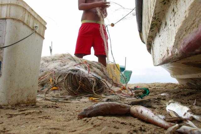 A fisherman holds a net in the San Pedro commune in Santa Elena, Ecuador, on September 18, 2026. Small-scale fishermen in the eastern Pacific -from the shores of Ecuador and Peru to those of Panama and Guatemala- are suffering the impact of ocean warming caused by the El Niño phenomenon, which forces several species to migrate to deeper waters and leaves nets half empty and coastal communities in crisis. (Photo by Gerardo MENOSCAL / AFP)