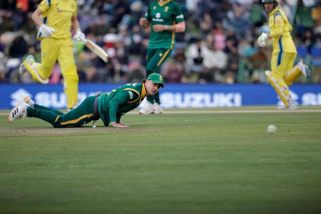 South Africa's Matthew Breetzke looks at a ball after having tried to field it during the third one-day international (ODI) cricket match between South Africa and Australia at Senwes Park in Potchefstroom on September 30, 2026. (Photo by PHILL MAGAKOE / AFP)