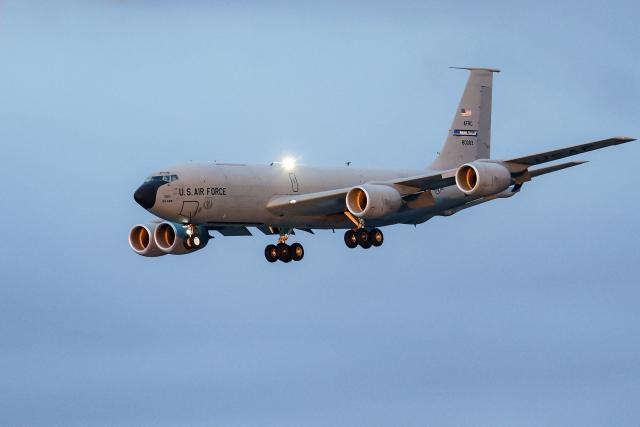 A US Air Force Boeing KC-135R Stratotanker aircraft of the 914th Air Refueling Wing prepares for landing at Israel's Ben Gurion Airport in Lod on September 30, 2026. (Photo by Jack GUEZ / AFP)