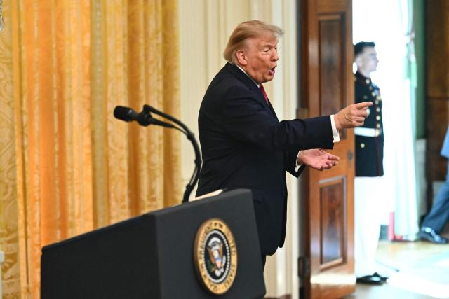 US President Donald Trump points to the audience as he leaves a celebration of Hispanic Heritage Month in the East Room of the White House in Washington, DC, on September 30, 2026. (Photo by Kent NISHIMURA / AFP)