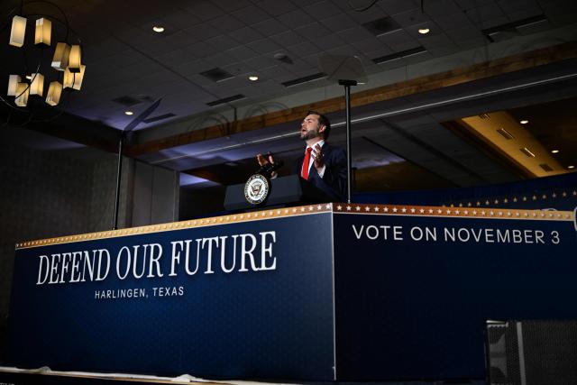 US Vice President JD Vance speaks during a midterm election rally at the Harlingen Convention Center in Harlingen, Texas, on September 30, 2026. (Photo by Kenny HOLSTON / POOL / AFP)