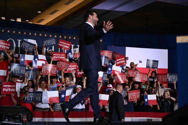 Supporters cheer US Vice President JD Vance after he spoke at a midterm election rally at the Harlingen Convention Center in Harlingen, Texas, on September 30, 2026. (Photo by Kenny HOLSTON / POOL / AFP)
