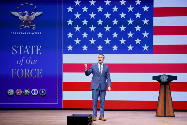 US Defense Secretary Pete Hegseth delivers the State of the Force address in Quantico, Virginia, on September 30, 2026. (Photo by Evan Vucci / POOL / AFP)