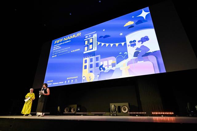 Namur commentator Malika Ben Brahim delivers a speech during the opening night of the 41st edition of FIFF Festival International du Film Francophone de Namur (Namur International French-speaking Film Festival) in Namur on September 30, 2026. (Photo by EMILE WINDAL / Belga / AFP) / Belgium OUT
