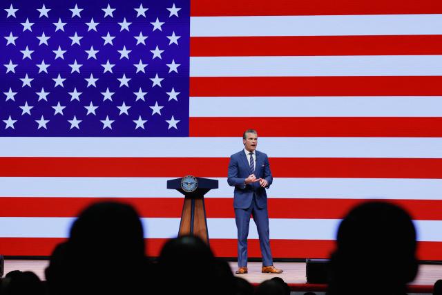US Defense Secretary Pete Hegseth delivers the State of the Force address in Quantico, Virginia, on September 30, 2026. (Photo by Evan Vucci / POOL / AFP)