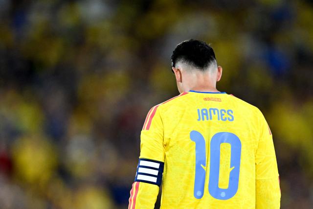 (FILES) Colombia's midfielder #10 James Rodriguez looks down during the international friendly football match between Colombia and Costa Rica at the Nemesio Camacho El Campin stadium in Bogota on June 1, 2026. Rodriguez out of the picture, Nйstor Lorenzo’s Colombia squad is looking for a new romance to make a nation swoon, a nation used to the classic "Number 10," a position now on the verge of extinction. (Photo by Raul ARBOLEDA / AFP)