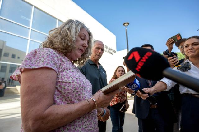 Debra and Martin Robinson, parents of Australian brothers Callum and Jake Robinson, murdered in April 2024 during a surfing trip, speak to the media on a trial of the alleged killers of their sons in Ensenada, Baja California state, Mexico on September 30, 2026. The suspected murderers of two Australian surfers and an American at a Mexican surfing hotspot went on trial on September 7, 2026, two years after their killings in a suspected robbery. (Photo by Guillermo Arias / AFP)