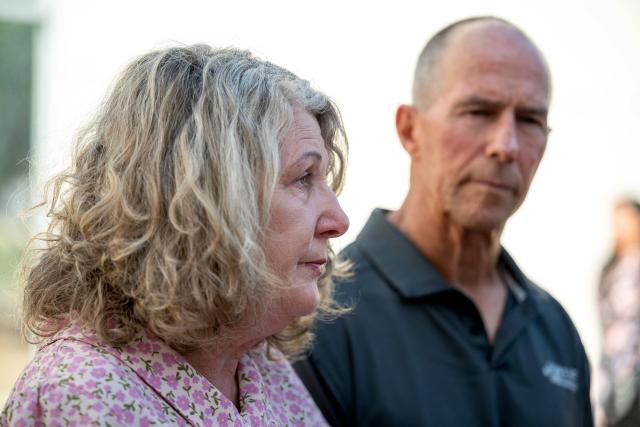 Debra and Martin Robinson, parents of Australian brothers Callum and Jake Robinson, murdered in April 2024 during a surfing trip, speak to the media on a trial of the alleged killers of their sons in Ensenada, Baja California state, Mexico on September 30, 2026. The suspected murderers of two Australian surfers and an American at a Mexican surfing hotspot went on trial on September 7, 2026, two years after their killings in a suspected robbery. (Photo by Guillermo Arias / AFP)