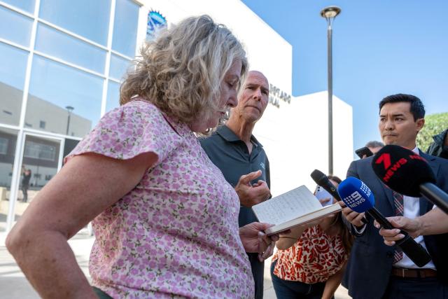Debra and Martin Robinson, parents of Australian brothers Callum and Jake Robinson, murdered in April 2024 during a surfing trip, speak to the media on a trial of the alleged killers of their sons in Ensenada, Baja California state, Mexico on September 30, 2026. The suspected murderers of two Australian surfers and an American at a Mexican surfing hotspot went on trial on September 7, 2026, two years after their killings in a suspected robbery. (Photo by Guillermo Arias / AFP)