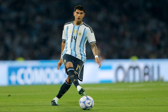 Argentina's midfielder #14 Exequiel Palacios passes the ball during the international friendly football match between Argentina and Bolivia at Mario Alberto Kempes Stadium in Cordoba, Argentina, on September 30, 2026. (Photo by Diego Lima / AFP)