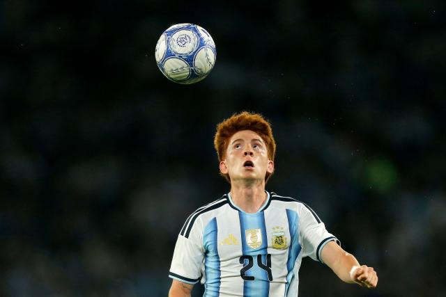 Argentina's defender #24 Valentin Barco looks at the ball during the international friendly football match between Argentina and Bolivia at Mario Alberto Kempes Stadium in Cordoba, Argentina, on September 30, 2026. (Photo by Diego Lima / AFP)