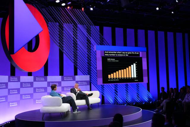 Co-CEO of Netflix Ted Sarandos speaks with Bloomberg editor Lucas Shaw during the Bloomberg Screentime 2026 conference in Los Angeles, on September 30, 2026. (Photo by Patrick T. Fallon / AFP)