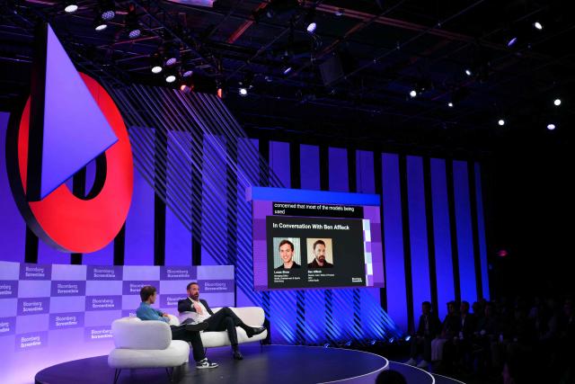 US actor/director Ben Affleck (R) speaks with Bloomberg editor Lucas Shaw during the Bloomberg Screentime 2026 conference in Los Angeles, on September 30, 2026. (Photo by Patrick T. Fallon / AFP)