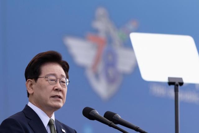South Korean President Lee Jae Myung delivers a speech during the 78th Armed Forces Day at a military base in Gyeryong on October 1, 2026. (Photo by JEON HEON-KYUN / POOL / AFP)